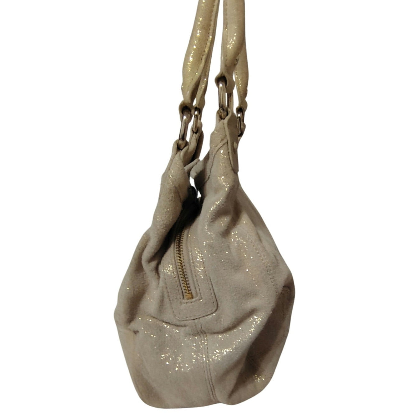 Cream Suede Gold Metallic Calvin Klein Shoulder Bag Double Handle 3 Compartments