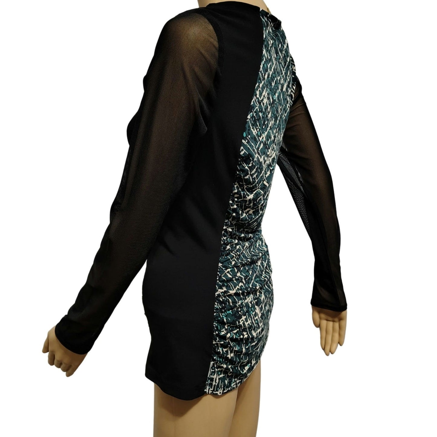 Sheer Long Sleeve Abstract Print Bodycon Top Black Green Anne Klein Size 8