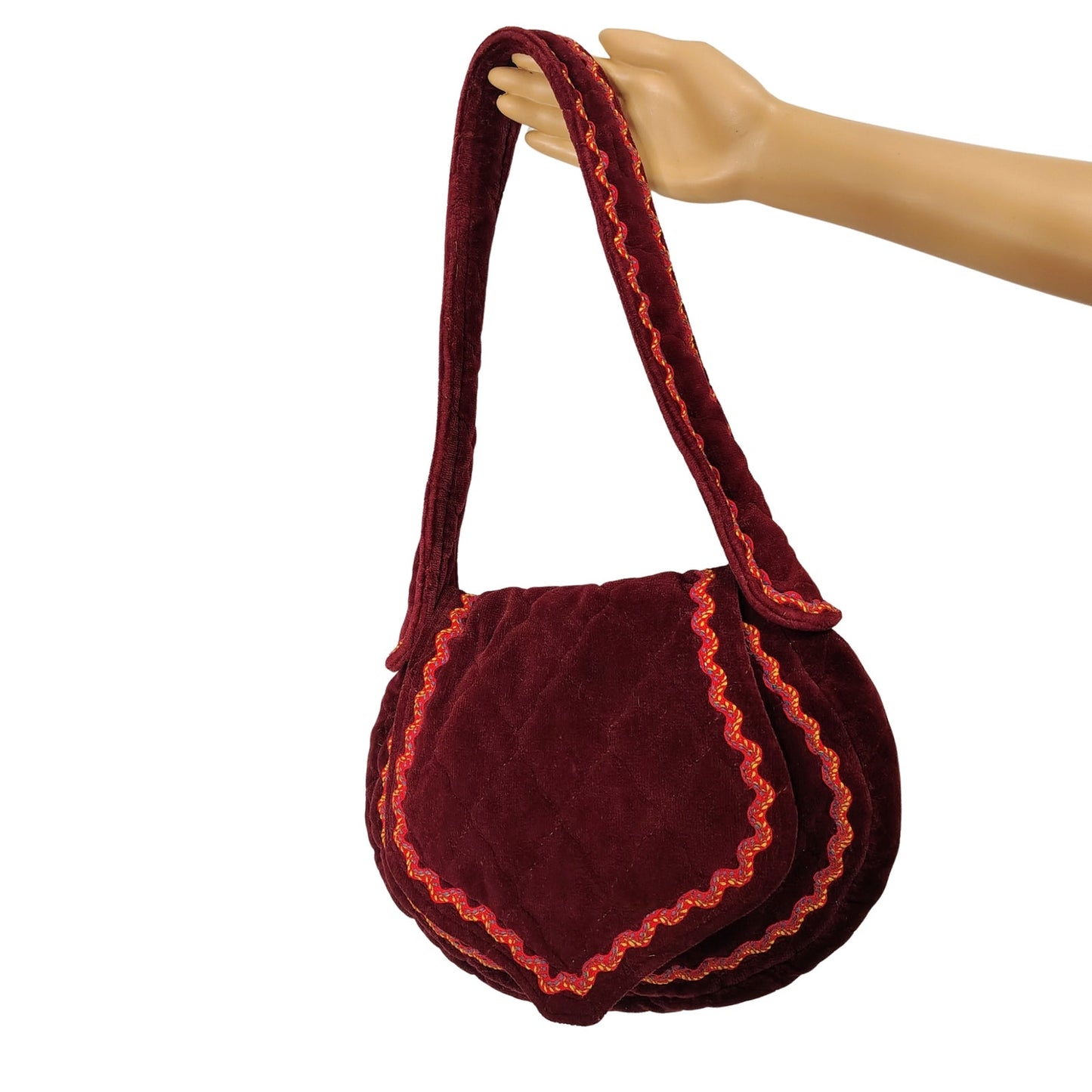 1970s Vintage Embroidered Wine Velvet Shoulder Handbag by Carpetbags of America