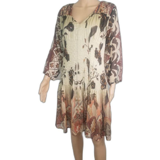 Desigual by Christian Lacroix Brown Pleated Floral Midi Long Sleeve Dress Size 8