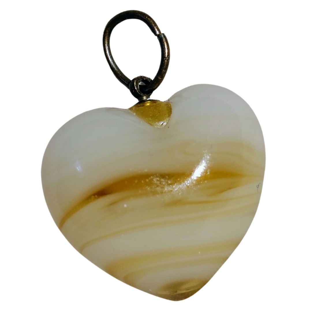 70s Vintage Heart Yellow White Marbled Agate Feels Like Glass Pendant Charm