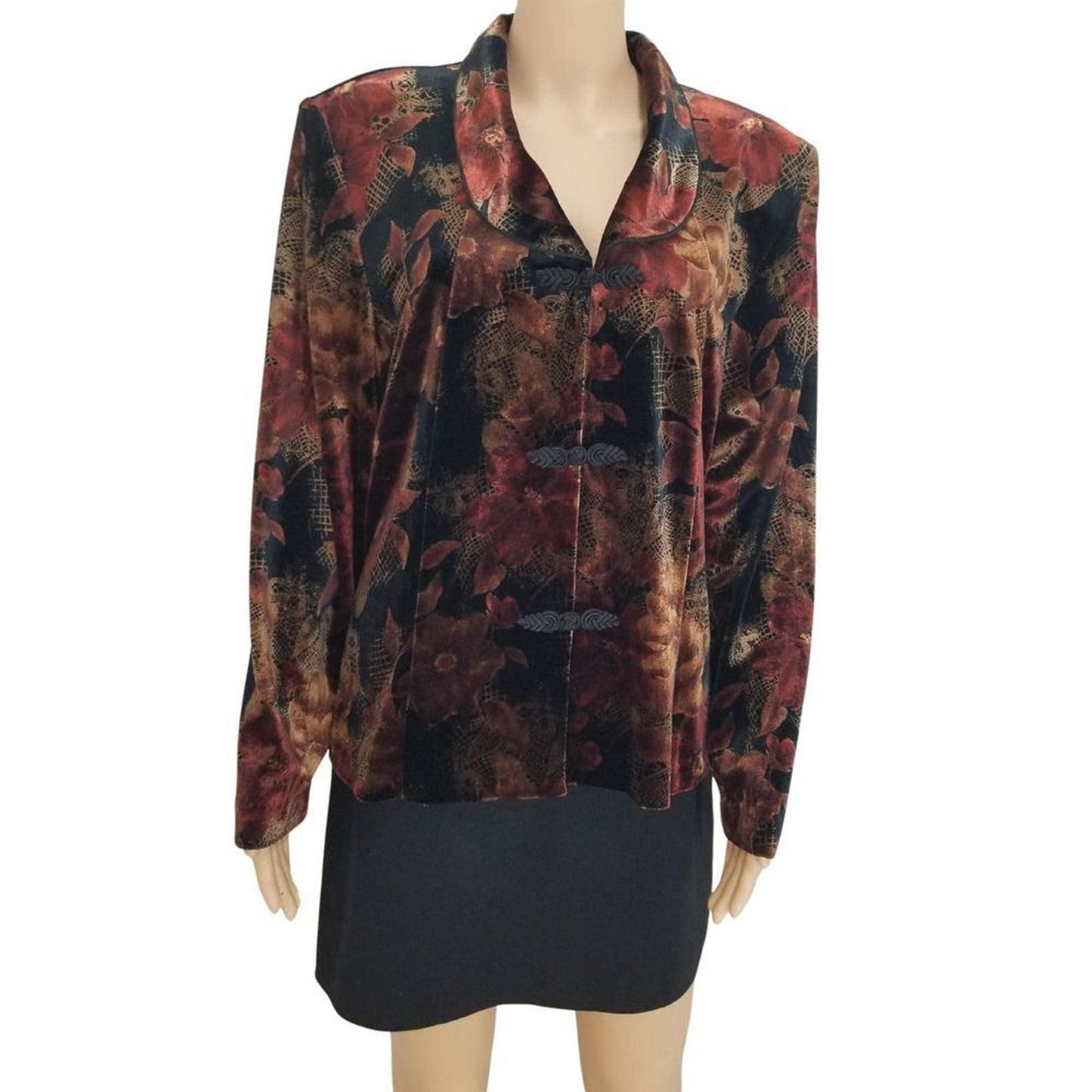 Stretch Velvet Floral Blazer Frog Closures Shoulder Pads Velour Soft Size 18