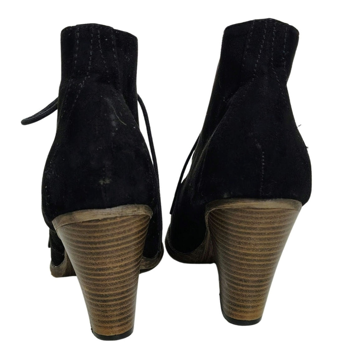 Mia Shayna Lace Up Ankle Bootie Black Faux Suede Wood Stacked Heel Size 9M Women