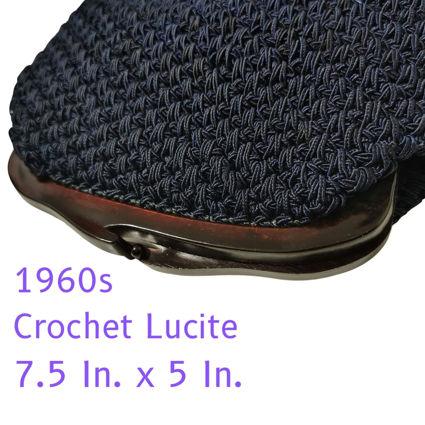 1960s Small Crocheted Navy Blue Handbag ADG Lucite Kiss Closure Top Frame Lined