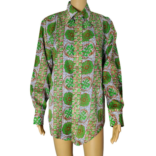 70s Green Polynesian Style Wing Tip Button Up Permanent Press Shirt Size Medium