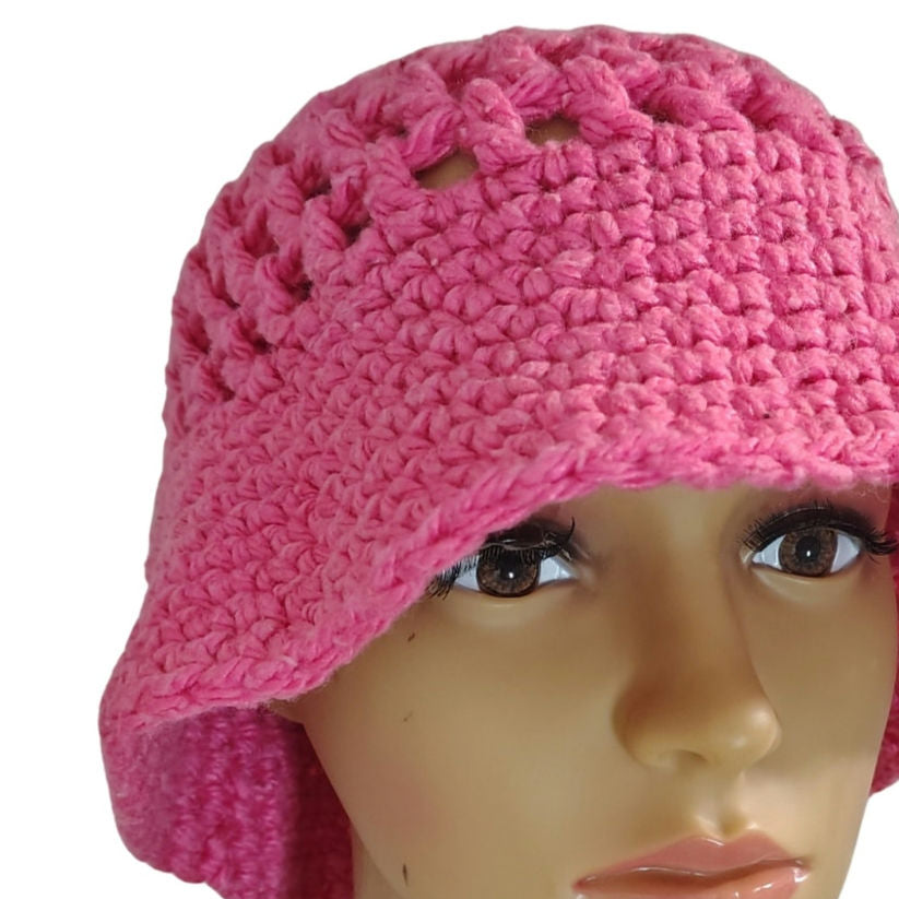 Vintage Pink Crochet Knit Bucket Hat Wide Brim Size Small