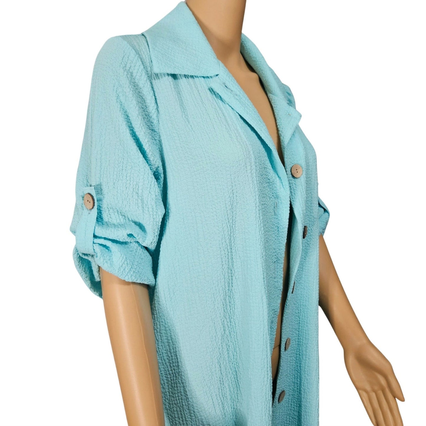 Nina Leonard Pebble Woven Tab Sleeve Tunic Blouse Fold Down Collar Top size Large