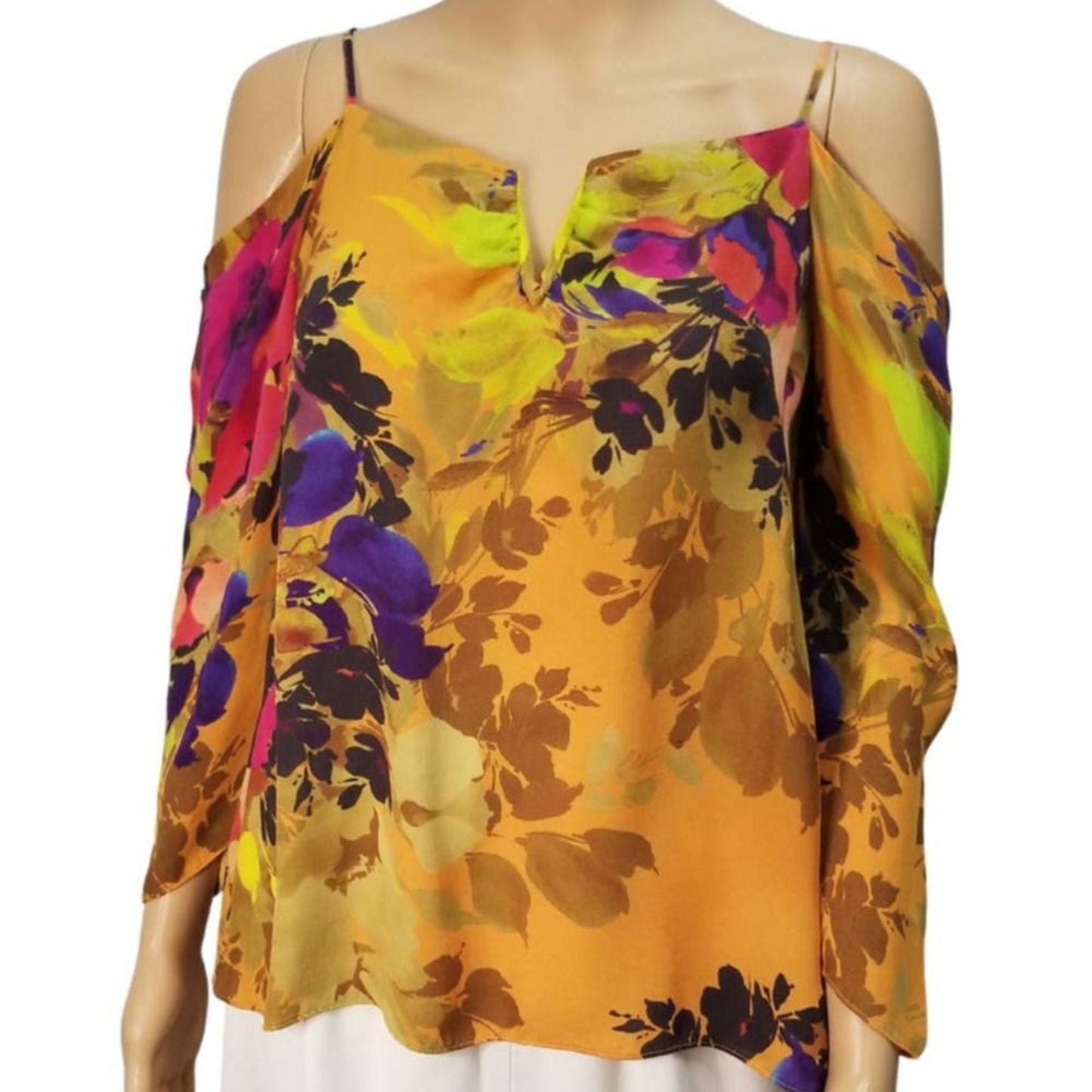 Nicole Miller Atelier Silk Floral Cold Shoulder Deep V Neck Top Size Small