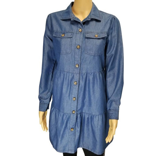 Derek Heart Blue Jean Tiered Button Up Shirt Shacket Size Medium