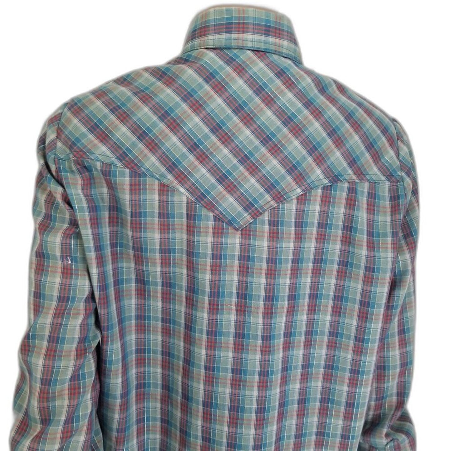 Metallic Shimmer Blue Vintage Western Cowboy Cowgirl Plaid Button Up Shirt Med
