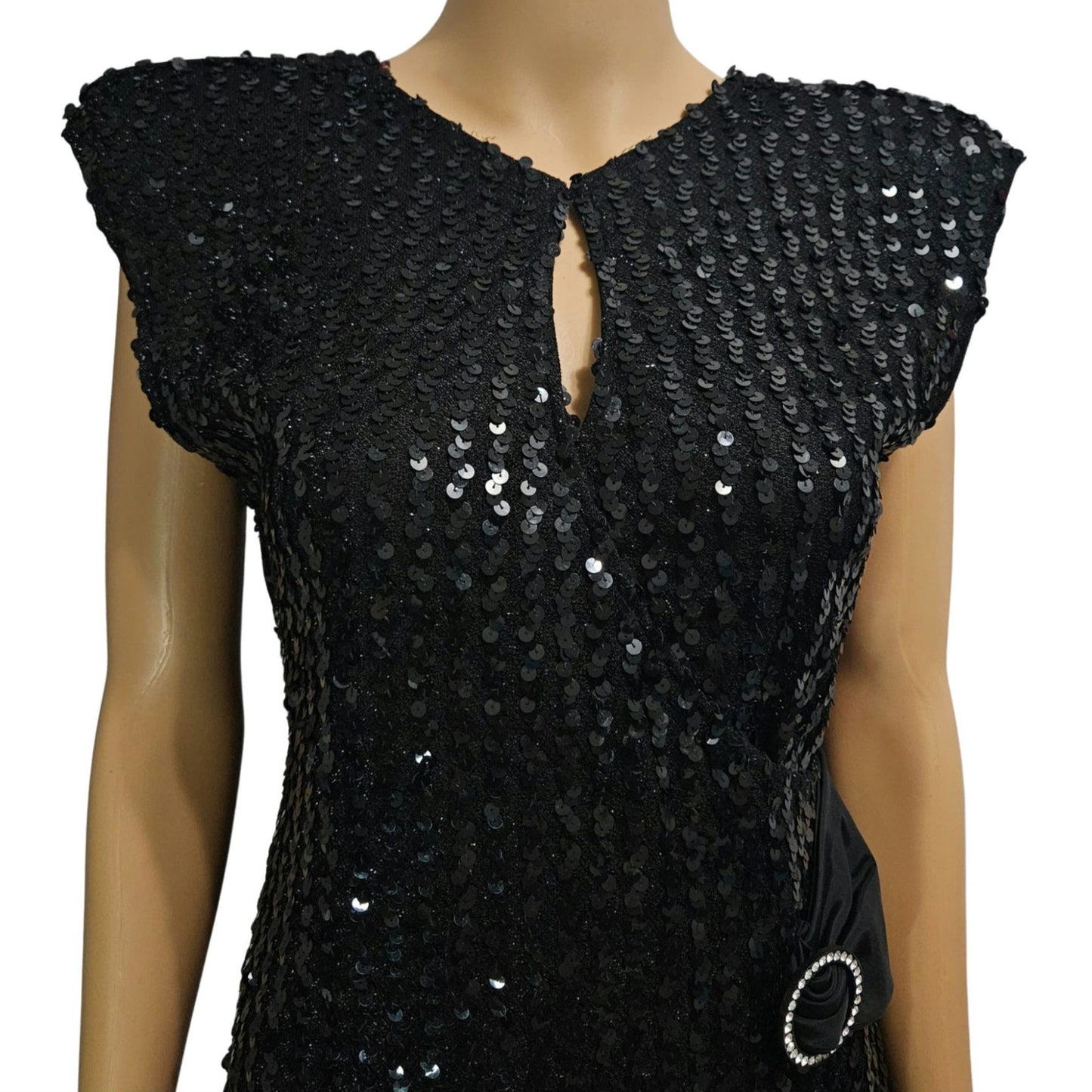 70’s 80’s Frederick’s Hollywood Black Sequin Wiggle Dress Bow Crystals Open Back