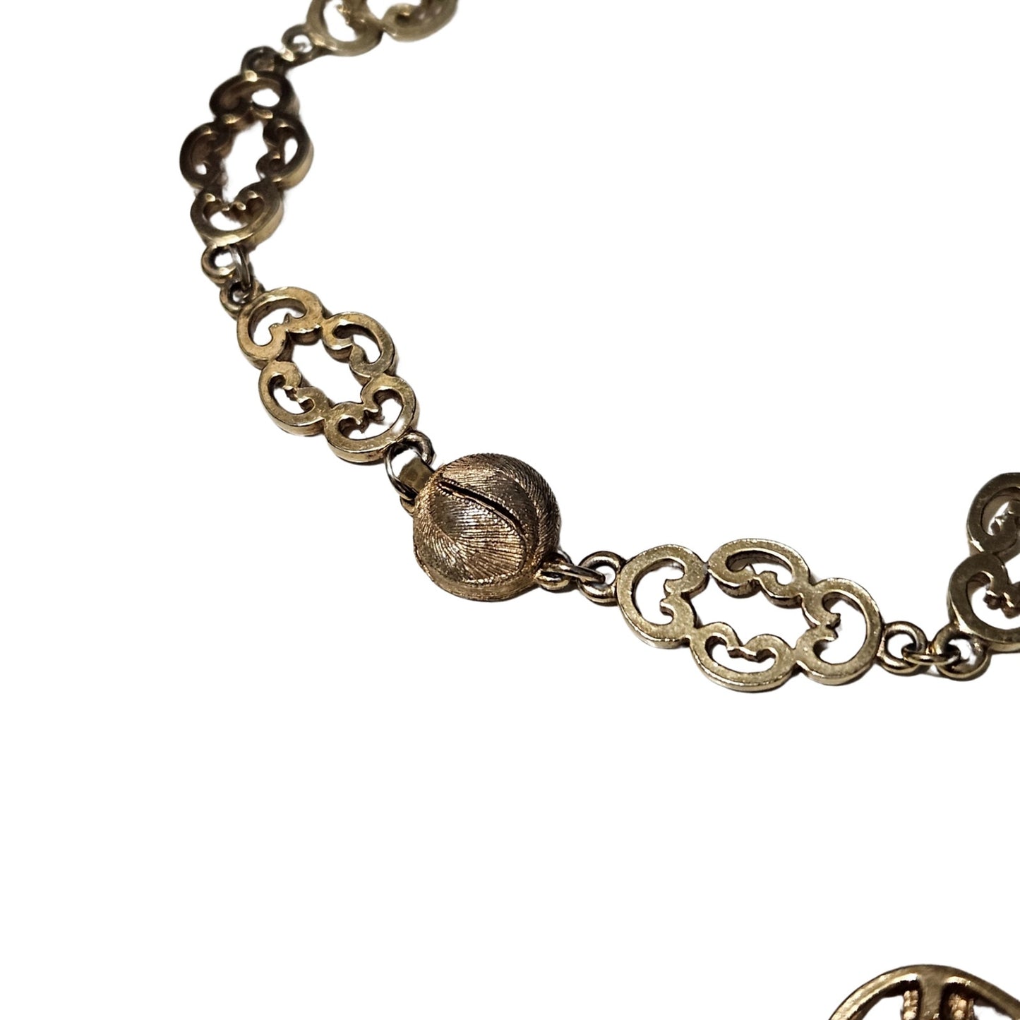 70s Cross Pendant Faceted Stone Metal Framework Ornate Interconnected Chain link