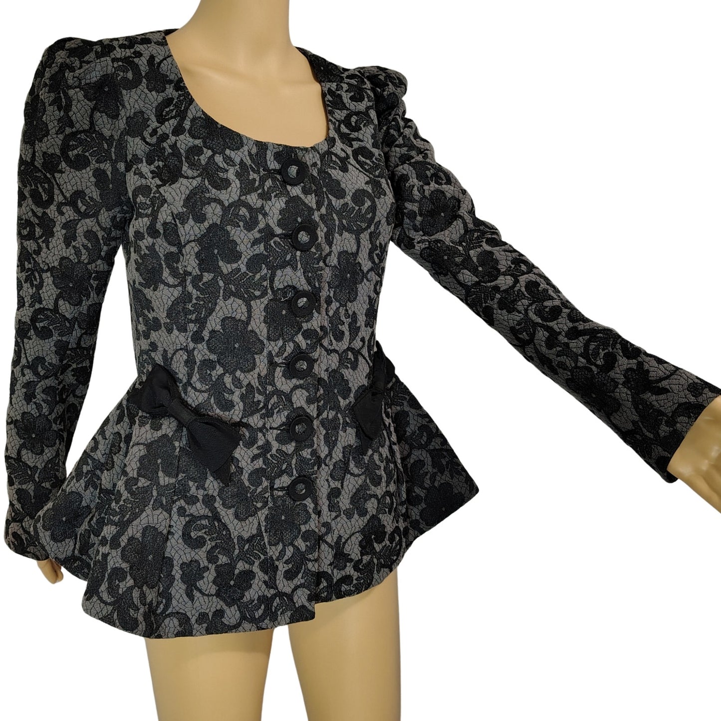 Betsey Johnson Floral Jacket Brocade Runway Peplum Ribbon Fit Flare Size 6