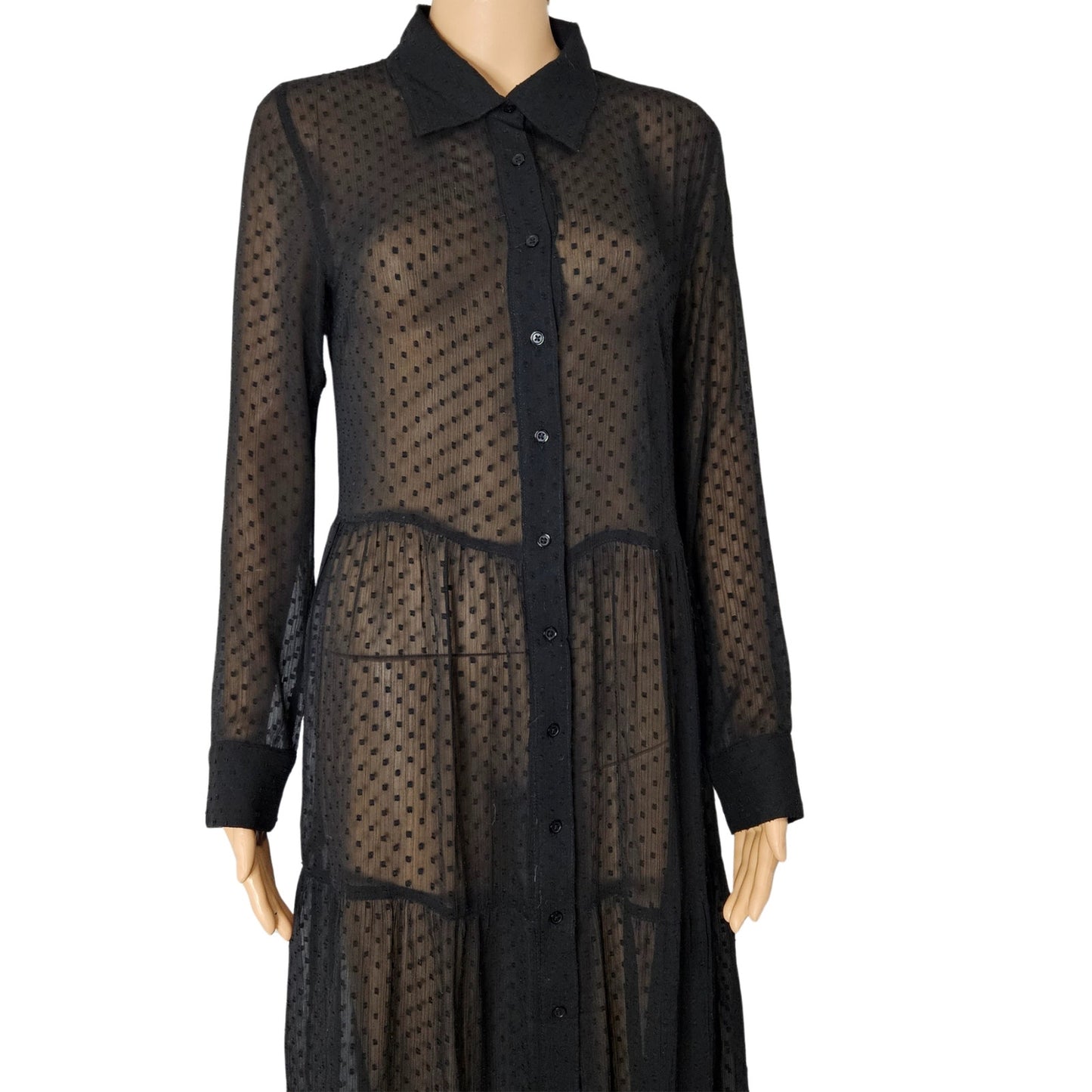 Black Sheer Polka Dot A Line Button Up Collar Shirt Dress Size 8 US 40 EUR