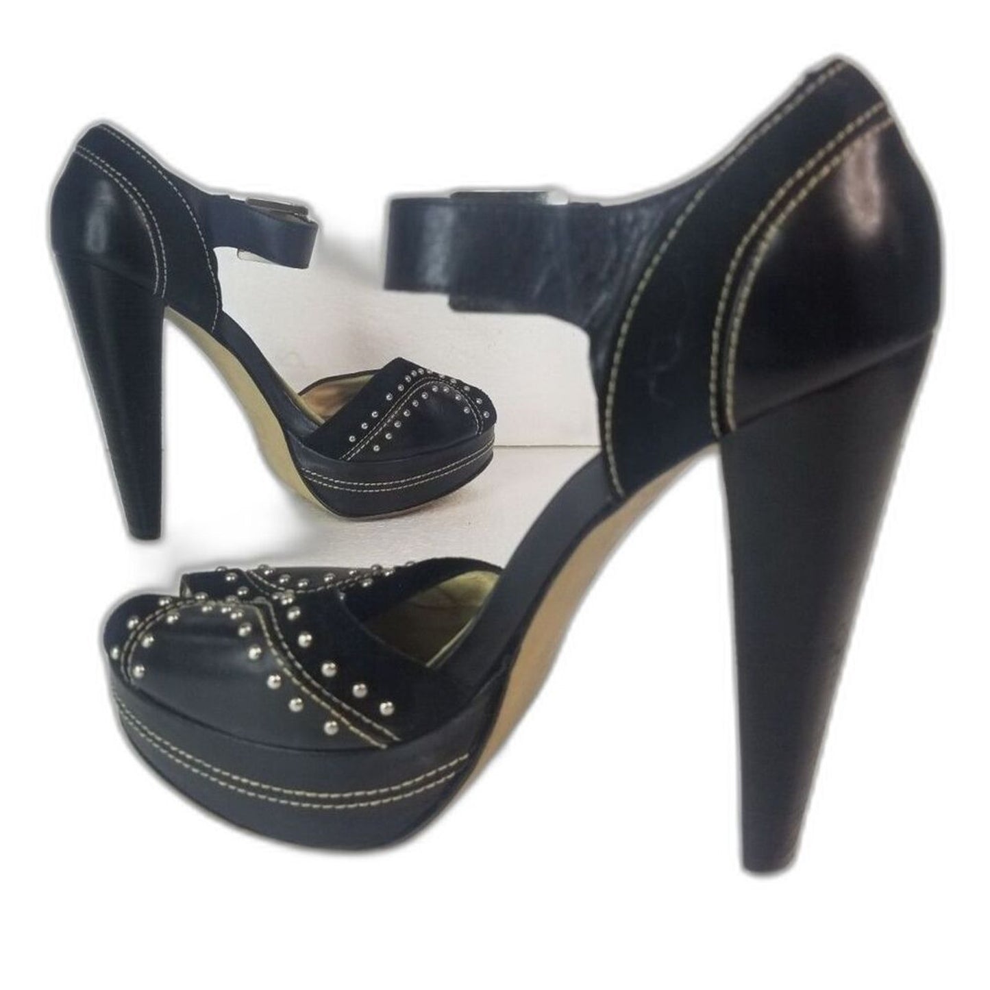 MICHAEL Michael Kors Peep Toe Black Platforms Heels Metal Detail Size 6.5
