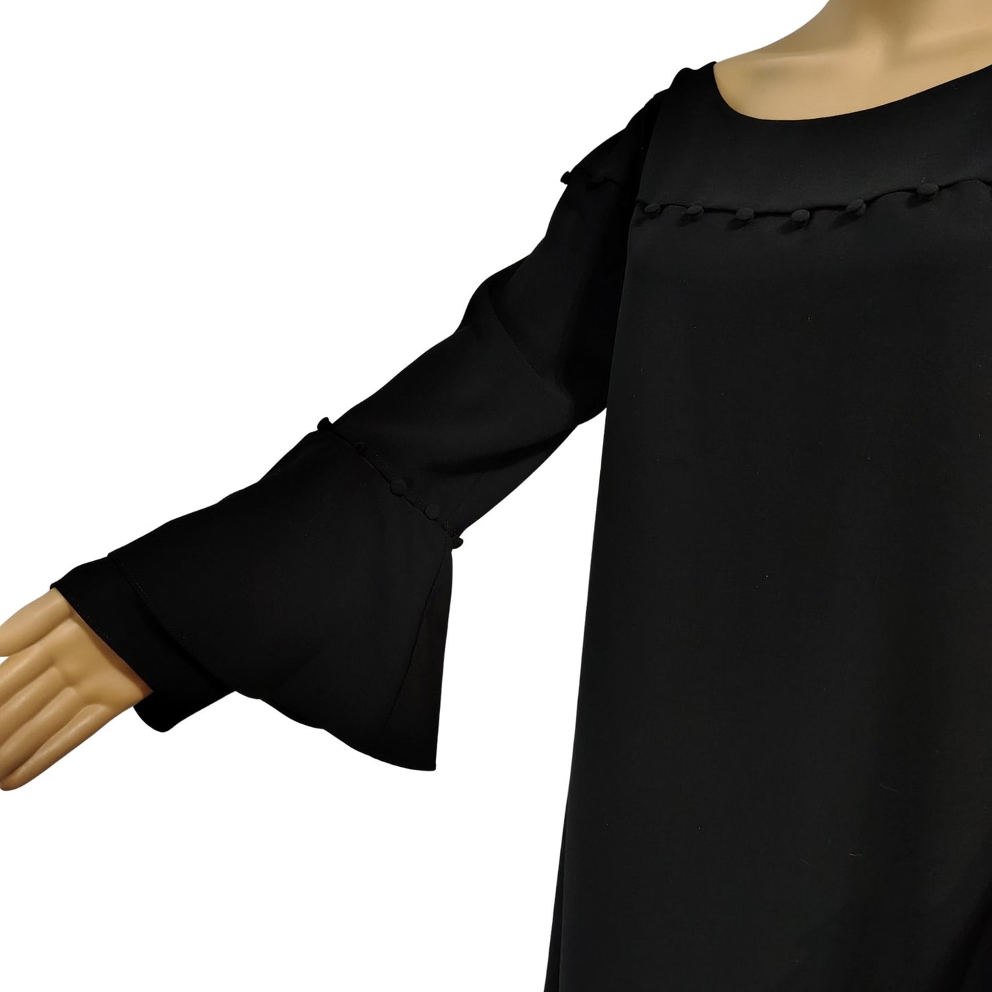 Laundry Shelli Segal Black Midi Dress Ruffled Flare Sleeves Pom Cut Out Size 12