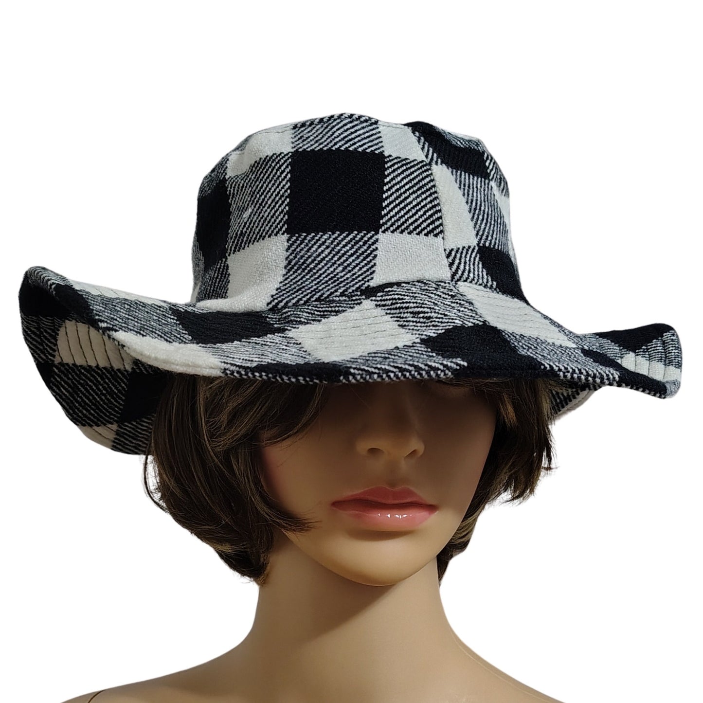1980s Vintage Black White Plaid Floppy Bucket Hat Wide Brim Size Small