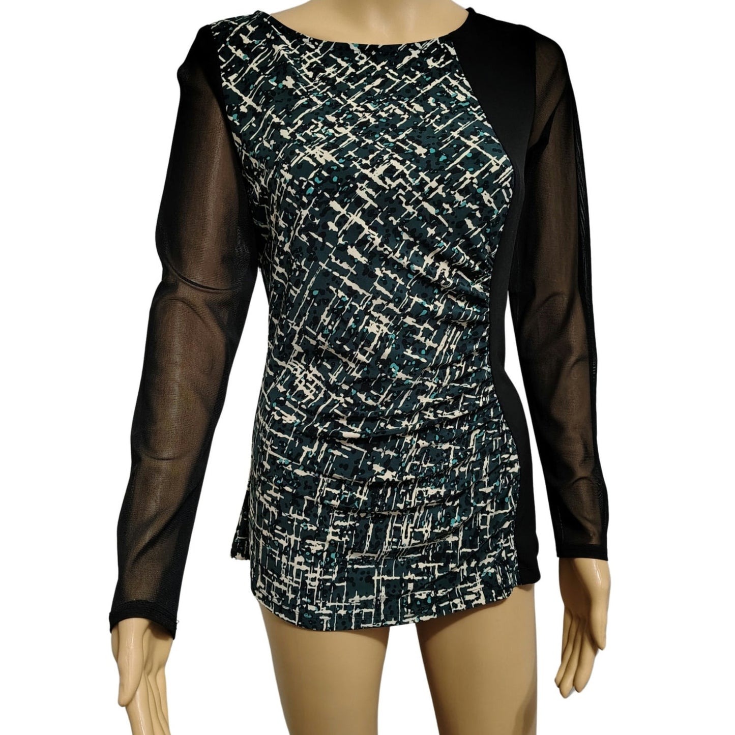 Sheer Long Sleeve Abstract Print Bodycon Top Black Green Anne Klein Size 8