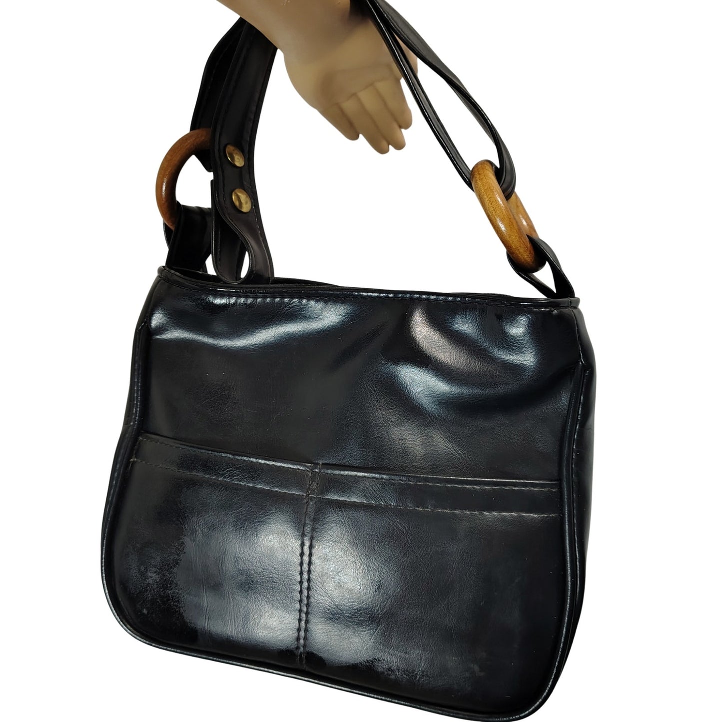 1970s Black Vinyl Convertible Shoulder Handbag Top Handle Purse Wood Loops
