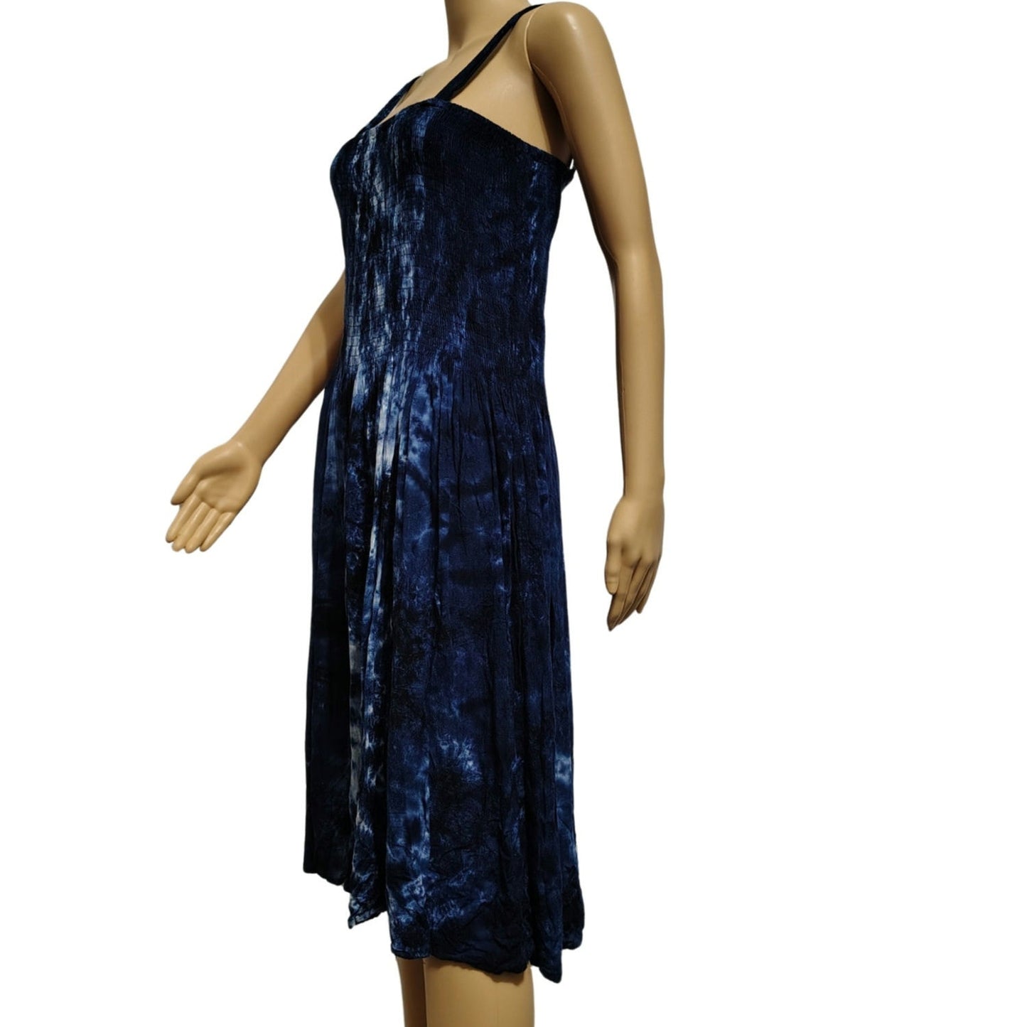 Summer Flowy Dress Blue Tye-Dye Elastic Shirred Top Uneven Hemline One Size