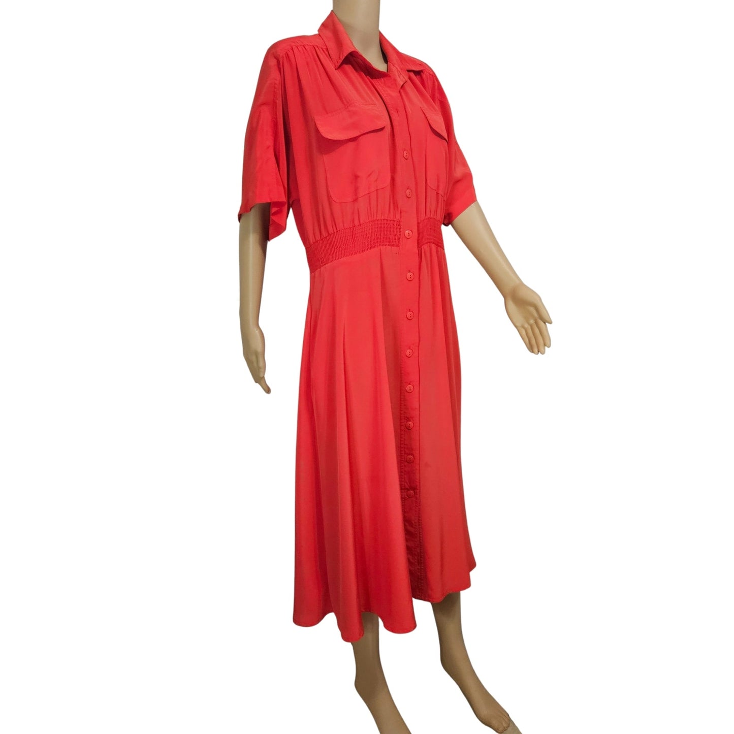 1990s Raoul Tomatoe Red Ruched Waist Short Sleeve Button Up Collar Dress Size 8