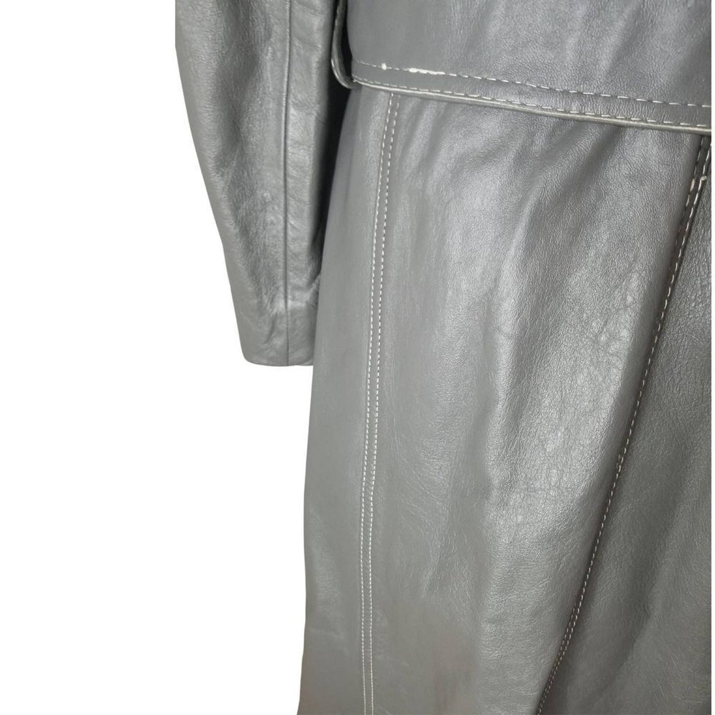 1970s Gray Belted Long Leather Trench Coat Collar Big Pockets Size Med Vintage