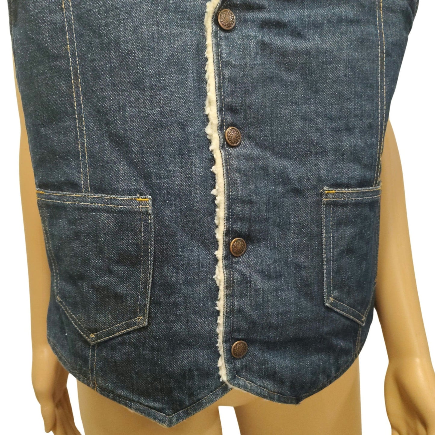 60s Indigo Blue Denim Western Sherpa Vest Seams Brass Snaps Closure Pockets SZ M