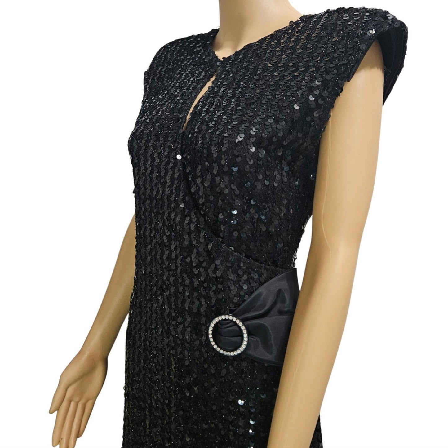 70’s 80’s Frederick’s Hollywood Black Sequin Wiggle Dress Bow Crystals Open Back