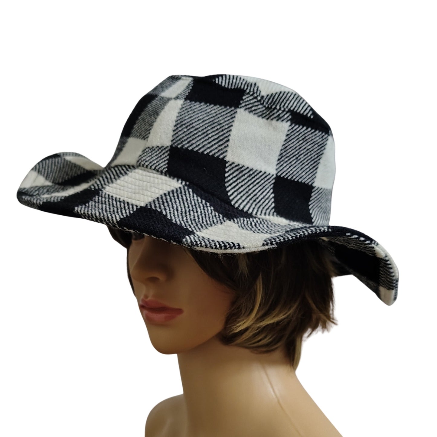 1980s Vintage Black White Plaid Floppy Bucket Hat Wide Brim Size Small