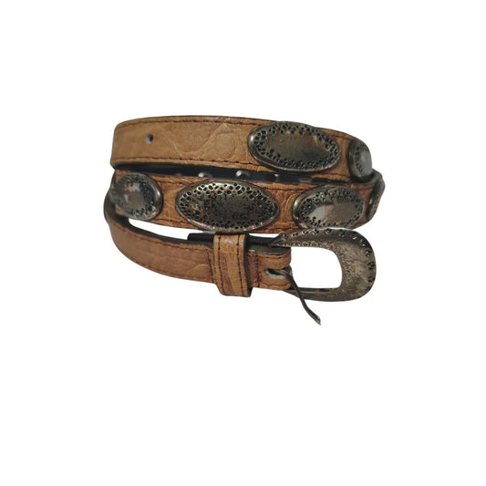Vintage Tan Western Skinny Concho Belt Silver Tone Rounded Etched Buckle Size L