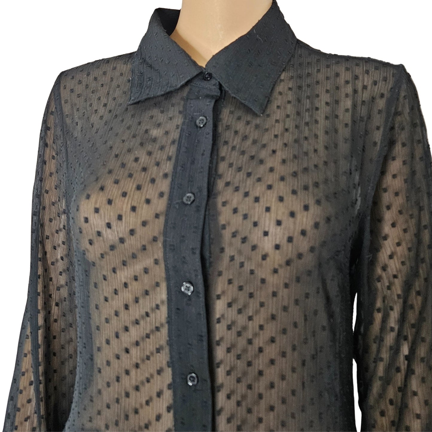 Black Sheer Polka Dot A Line Button Up Collar Shirt Dress Size 8 US 40 EUR