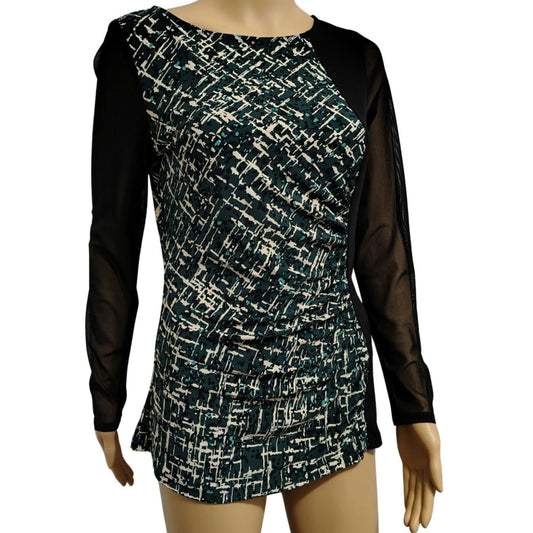 Sheer Long Sleeve Abstract Print Bodycon Top Black Green Anne Klein Size 8