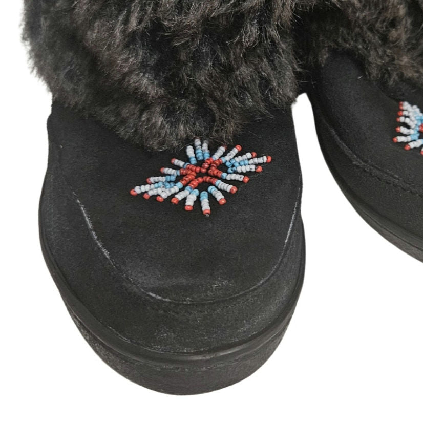 Minnetonka Mukluk Bead Detail Black Genuine Suede Leather Faux Fur Size 7 Womens
