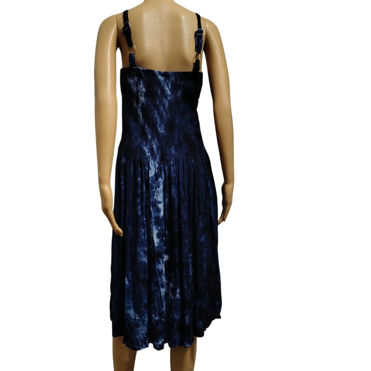 Summer Flowy Dress Blue Tye-Dye Elastic Shirred Top Uneven Hemline One Size