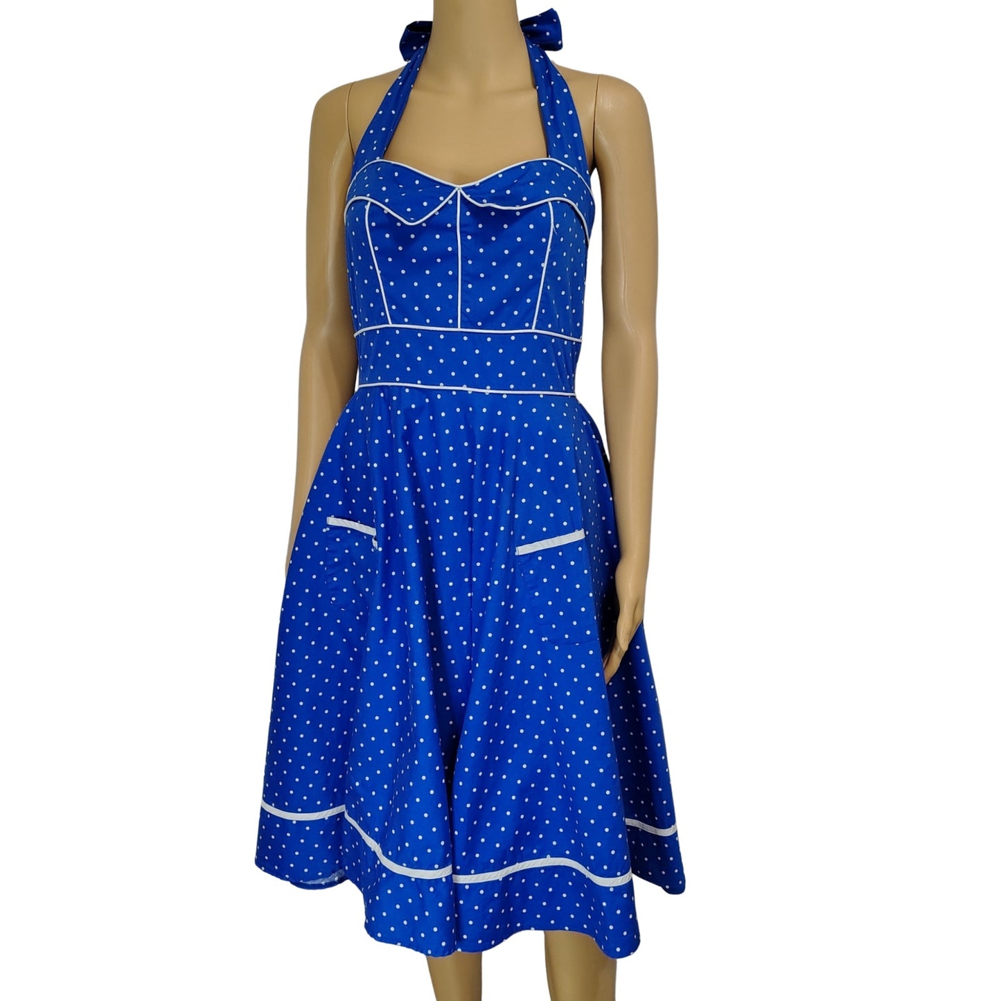 Hell Bunny Rockabilly Dress Blue White Halter Polka Dot Fit Flare Pinup Size Medium