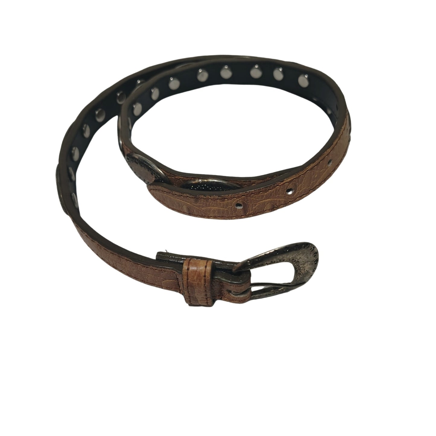 Vintage Tan Western Skinny Concho Belt Silver Tone Rounded Etched Buckle Size L