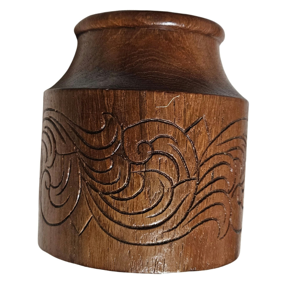1960s Teak Wood Hand Carved Tea Canister With Lid Round Container Tiki Jar