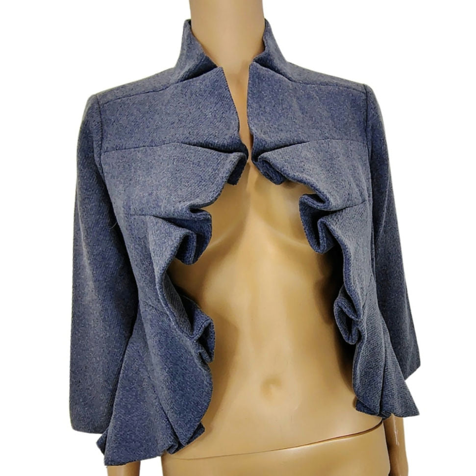 ANTHROPOLOGIE TABITHA Wool Open Front Blazer Gray Ruffled Collar Lapel Size 4