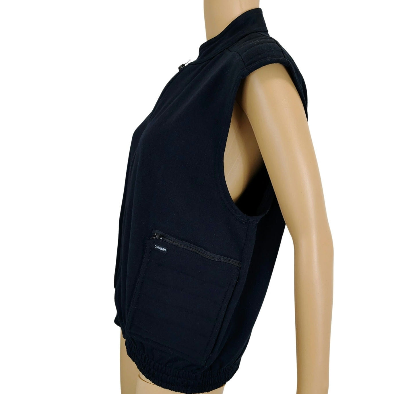 90s Chams Vest Black Zip Up Short Collar Street Wear Pockets Elastic Waist SZ M