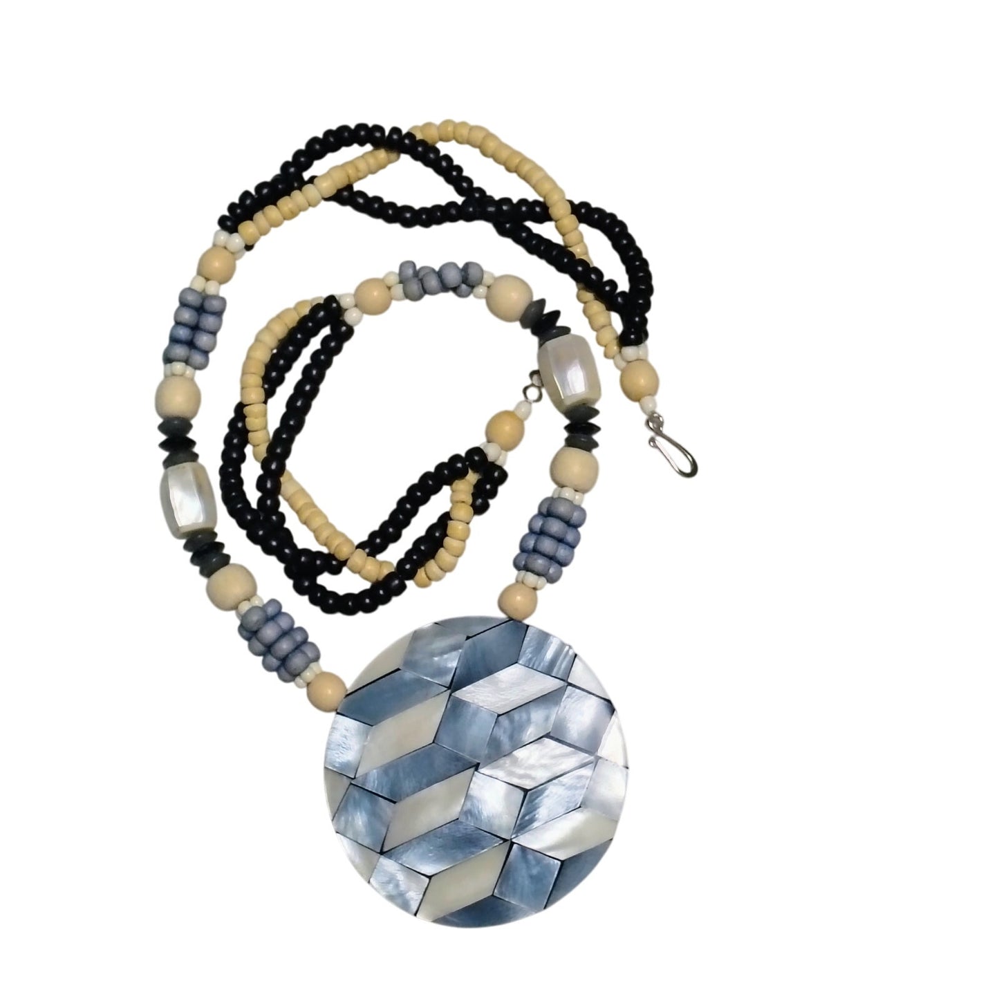 Vintage Blue Beige Mother of Pearl Pendant on Beaded Statement Necklace