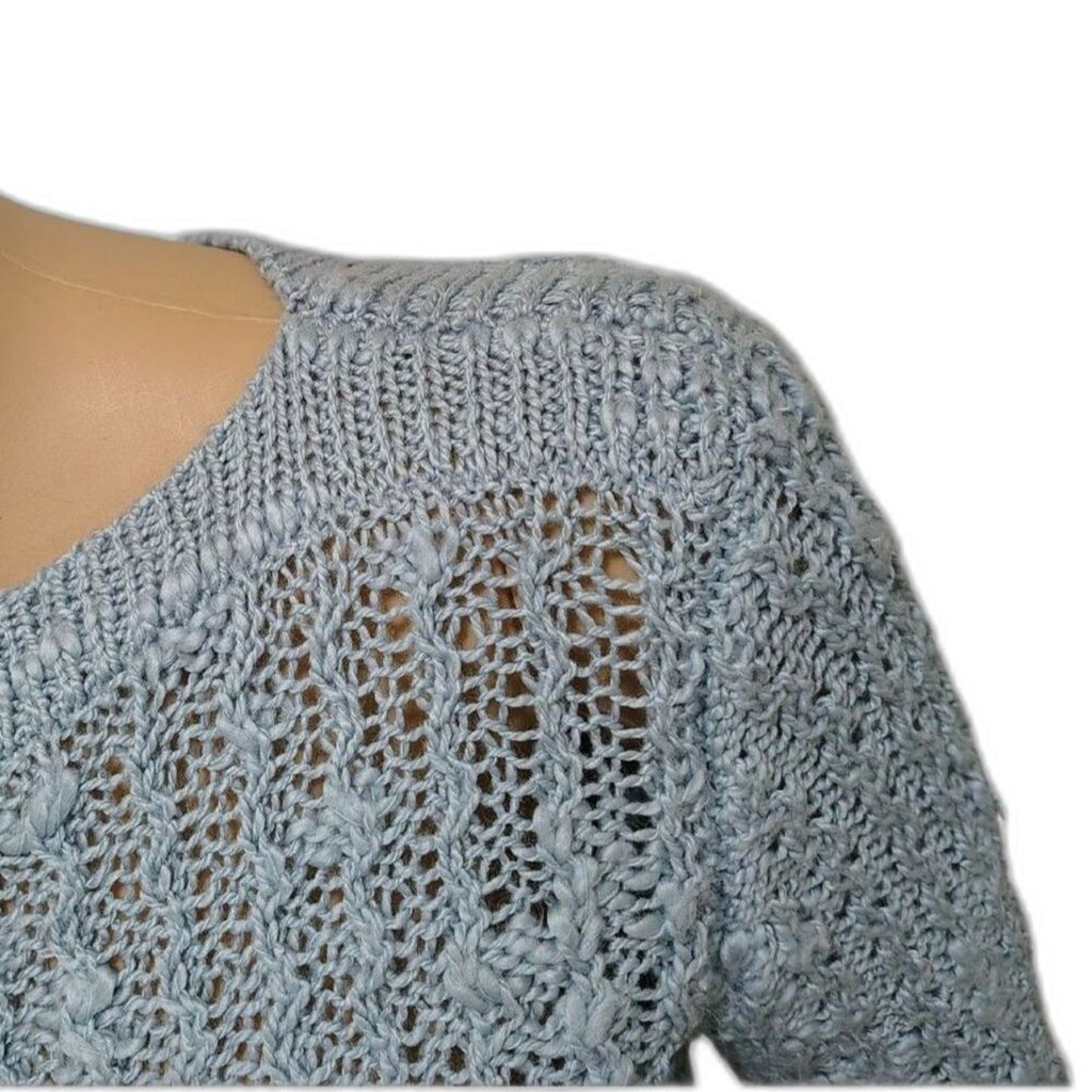 70s Vintage Blue Knit Wave Design Long Sleeve Boat Neck Fitted Sweater