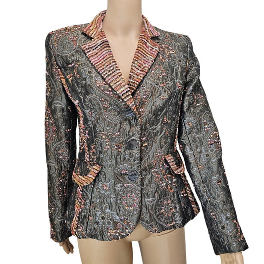90s Vintage Fitted Embroidered Floral Striped Tapestry Zelda Blazer Size 6P