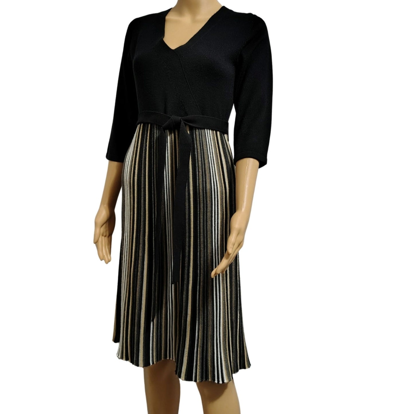 Studio 1 Striped Belted Midi Knit Fit & Flare V Neck Sweater Dress Black Size M