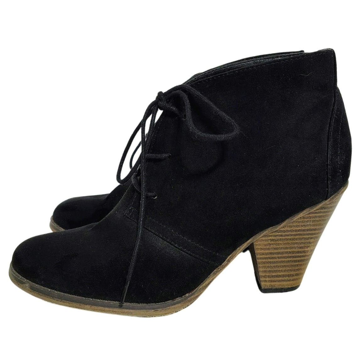 Mia Shayna Lace Up Ankle Bootie Black Faux Suede Wood Stacked Heel Size 9M Women