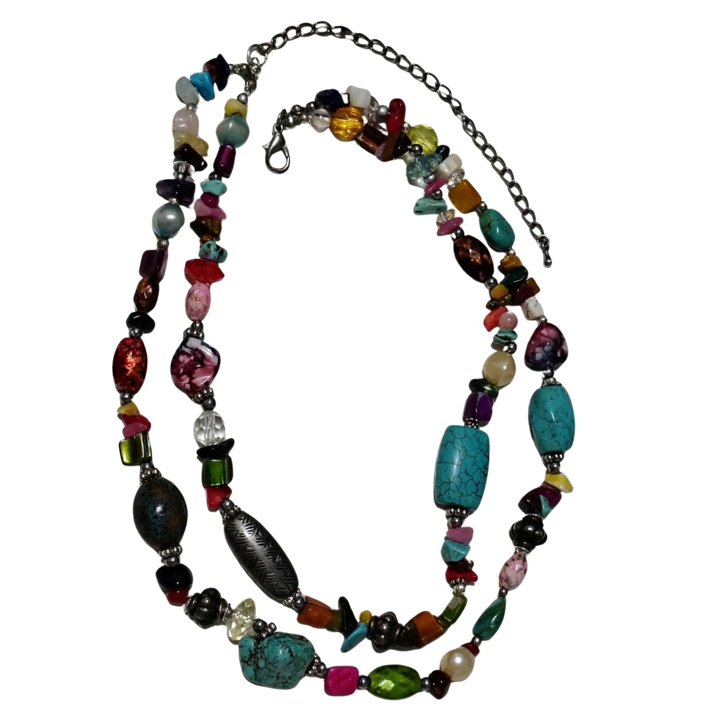 Bohemian Turquoise Rose Quartz Mix Semi-Precious Stones Double Strand Necklace