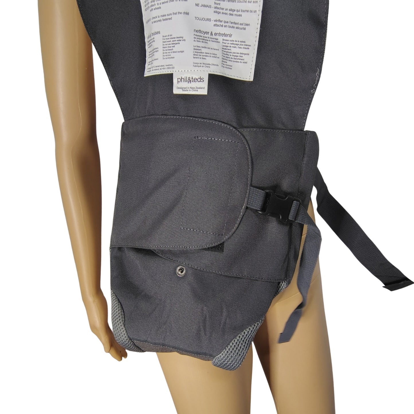 Phil and Ted's Charcoal Gray Belted Hip Baby Seat Carrier Belts Onto Hips