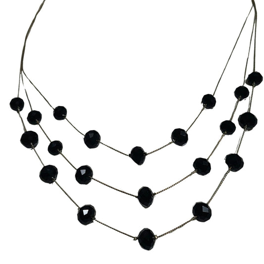 Black Glass Layered Floating Beads Vintage Necklace Silver Tone Mini Chain Link