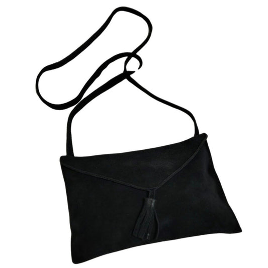 Black Suede Crossbody Envelope Handbag Tassel Magnetic Closure Fold Over Top