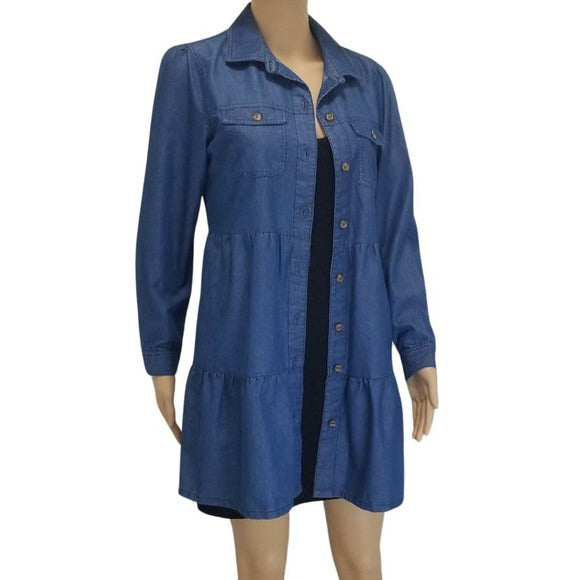 Derek Heart Blue Jean Tiered Button Up Shirt Shacket Size Medium