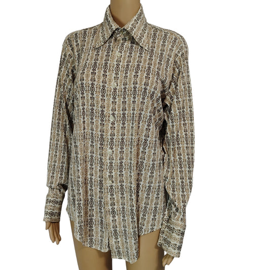 70s Disco Collar Button Up Butterfly Collar Shirt Geometric Diamond Design SZ 16